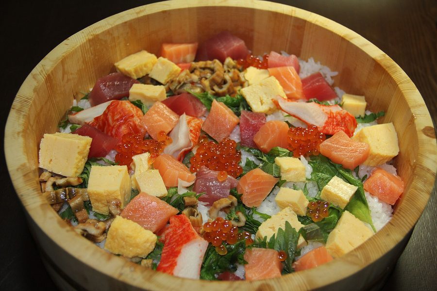 Chirashi bowl with fresh fish and roe
